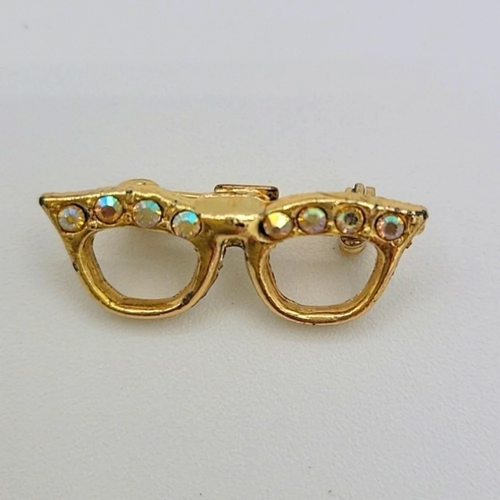 1950'S Brooches 3 Poodles 2 Cat Eye Glasses Aurora Borealis Gold Tone Vintage